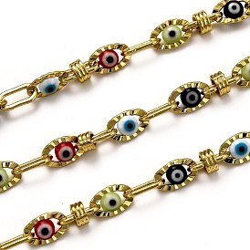 Handmade Brass Link Chains, with Lampwork and Spool, Long-Lasting Plated, Unwelded, Evil Eye