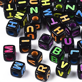 Opaque Acrylic Beads, Cube with Random Mixed Letters
