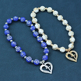 Round with Flower Plastic Beaded Stretch Bracelets, with Alloy Rhinestone Heart Charms