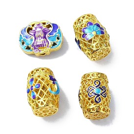 Rack Plating Brass Enamel Beads, Long-Lasting Plated, Lead Free & Cadmium Free, Column/Oval with Flower