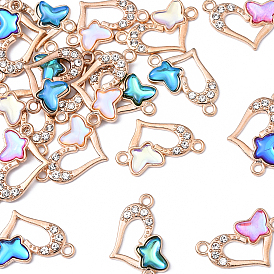 6Pcs 6 Colors Alloy Crystal Rhinestone Connector Charms, Heart Links with Acrylic Butterfly, Light Gold