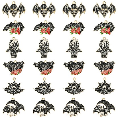 24Pcs 6 Styles Halloween Alloy Enamel Pendants, Light Gold, Bat Charms