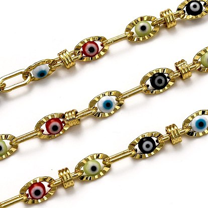 Handmade Brass Link Chains, with Lampwork and Spool, Long-Lasting Plated, Unwelded, Evil Eye