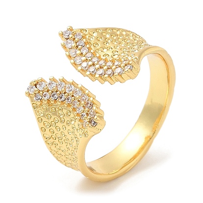 Rack Plating Brass Leaf Open Cuff Rings with Cubic Zirconia, Lead Free & Cadmium Free