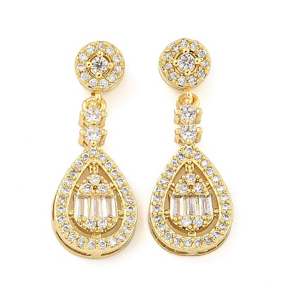 Покрытие стойки латунь микропаве прозрачные кубические циркониевые подвески, долговечный, без свинца и без кадмия, плоский круглый с подвесками в виде слезинок