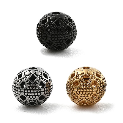 304 Stainless Steel Beads, Round with Rhombus Pattern, Ion Plating(IP)