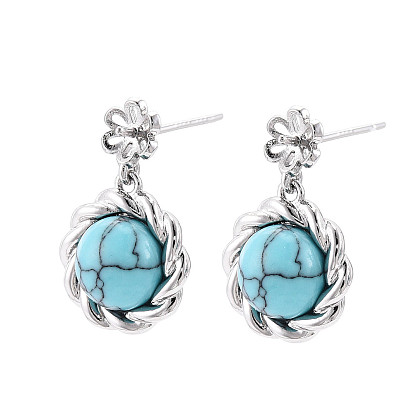 Фурнитура для сережек-гвоздиков из латуни и синтетической бирюзы, с 925 иглой из стерлингового серебра, за половину пробурено бисера