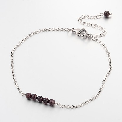 Round Gemstone Beads Anklets, with Stainless Steel Chains and  Lobster Clasps, 220x2mm