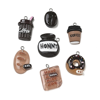 10Pcs Opaque Resin Imitation Food & Drink Pendants, Mixed Shapes Charm, with Platinum Iron Loops