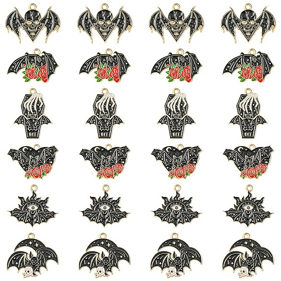 24Pcs 6 Styles Halloween Alloy Enamel Pendants, Light Gold, Bat Charms