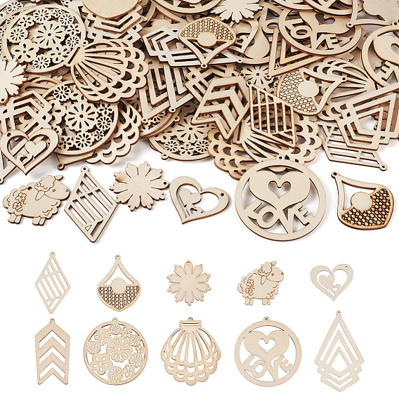 100шт 10 стили неокрашенные натуральные деревянные большие подвески, очарование лазерной резки, овца, цветок, ромб и слеза, разнообразные