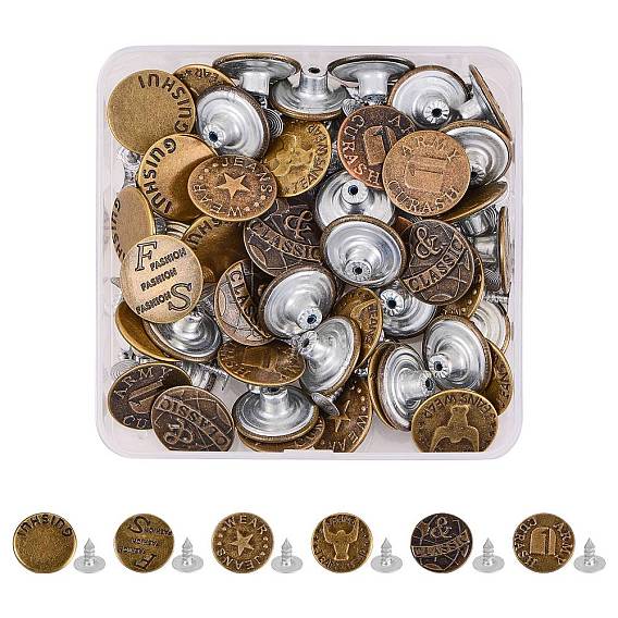60 Sets 6 Styles Iron Button Pins for Jeans, Garment Accessories, Flat Round