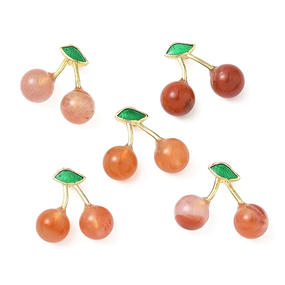 Подвески из натурального агата с фруктами, подвески вишневые с латунным листом из зеленой эмали
