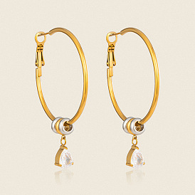 Two Tone 304 Stainless Steel Pave Cubic Zirconia Hoop Dangle Earrings for Women, Teardrop