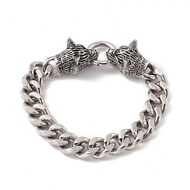 304 Stainless Steel Curb Chains Bracelet with Wolf Clasp for Men Women