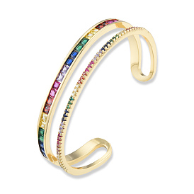 Colorful Cubic Zirconia Double Line Open Cuff Bangle, Brass Jewelry for Women, Nickel Free