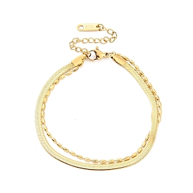 304 bracelet multi-rangs en acier inoxydable, bracelets de chaînes ovales à perles et à chevrons double couche pour femmes