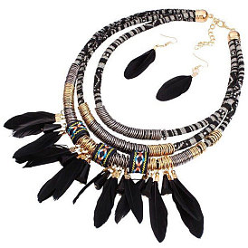 Luxury Fashion Necklace Set - Multi-layer Alloy Feather Tassel Necklace Earrings Set.