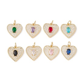 Brass Micro Pave Cubic Zirconia Pendants, with Jump Ring, Cadmium Free & Lead Free, Real 18K Gold Plated, Heart