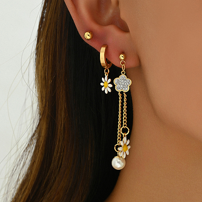 Комплект сережек-кисточек из нержавеющей стали в виде милой ромашки, с имитацией жемчуга