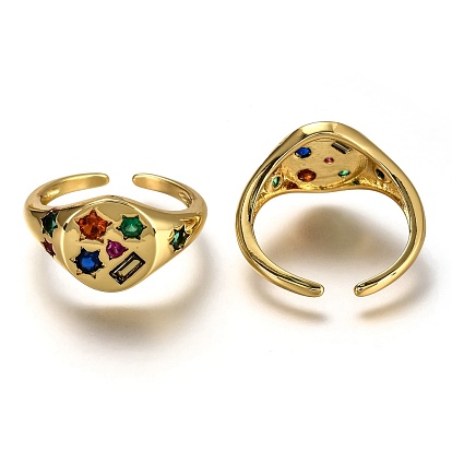 Brass Micro Pave Cubic Zirconia Cuff Rings, Open Rings, Long-Lasting Plated, Flat Round, Colorful