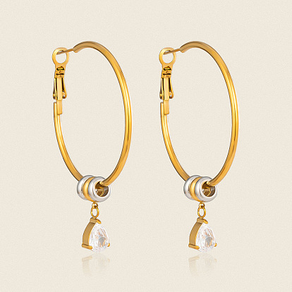 Two Tone 304 Stainless Steel Pave Cubic Zirconia Hoop Dangle Earrings for Women, Teardrop