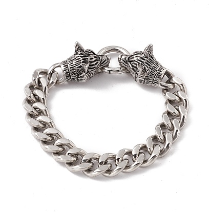 304 Stainless Steel Curb Chains Bracelet with Wolf Clasp for Men Women