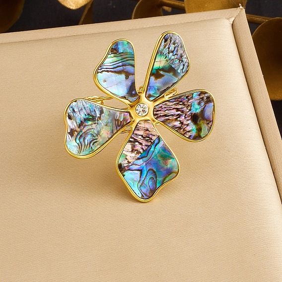 304 Stainless Steel & Natura Shell & Rhinestone Cuff Open Rings, Flower