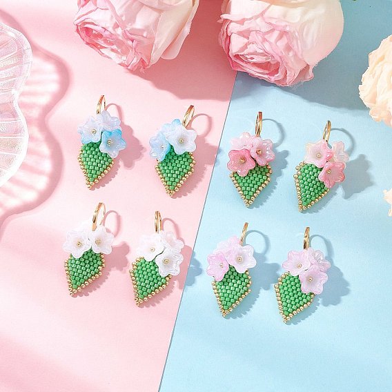 Серьги-цветы ручной работы из стеклянных бусинок с застежкой-молнией, с акрилом и 304 нержавеющей сталью, золотые