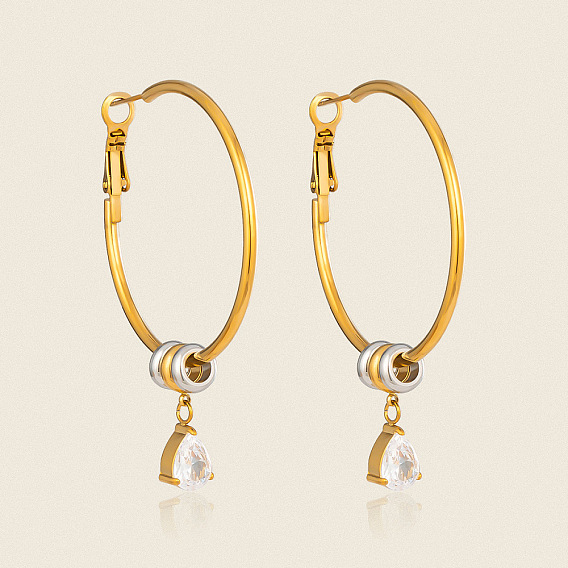 Two Tone 304 Stainless Steel Pave Cubic Zirconia Hoop Dangle Earrings for Women, Teardrop