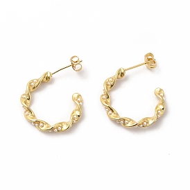 Imitation Pearl Beaded C-shape Stud Earrings, Brass Half Hoop Earrings for Women