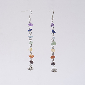 Joyas chakra, cuentas de piedras preciosas naturales cuelgan aretes, con ganchos de metal de tono platino, loto