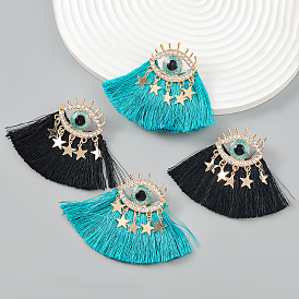 Boho Ethnic Style Star Tassel Earrings with Alloy Rhinestone Eye for Women