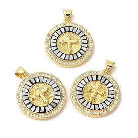 Brass Micro Pave Cubic Zirconia Pendants, with Enamel & Shell, Long-Lasting Plated, Lead Free & Cadmium Free, Real 18K Gold Plated, Flat Round with Cross