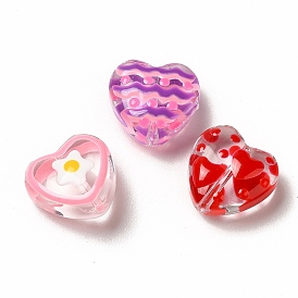 Transparent Glass Beads, with Enamel Wave Pattern, Heart