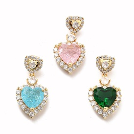 Brass Micro Pave Clear Cubic Zirconia Pendants, with Faceted Glass, Heart, Real 18K Gold Plated