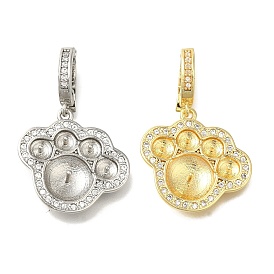 Brass Micro Pave Clear Cubic Zirconia European Dangle Charms Bails, Peg Bails, for Half Drilled Beads, Paw Print Charm