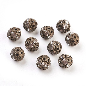 Brass Rhinestone Beads, Grade A, Nickel Free, Antique Bronze Metal Color, Round, 8mm in Diameter, Hole: 1mm