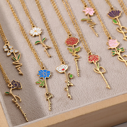 Colliers pendentifs fleur de naissance en acier inoxydable émaillé pour femmes, or