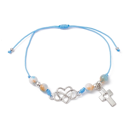 Natural Dyed White Jade Braided Bead Bracelets, Adjustable Heart Alloy Link Bracelets for Women