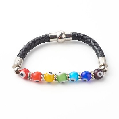 Handmade Evil Eye Lampwork Beads Beaded Bracelets, with Cowhide Leather Cord, Brass Rhinestone Beads, Magnetic Clasp, 304 Stainless Steel Beads
