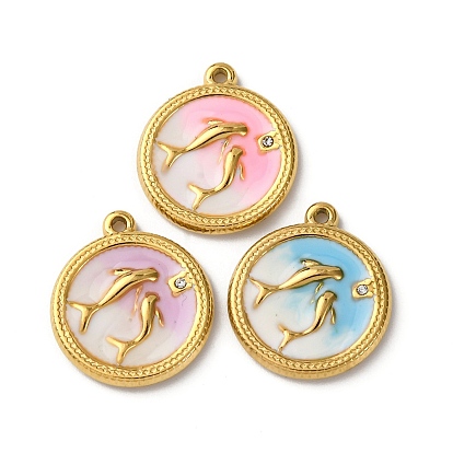 304 из нержавеющей стали горный хрусталь подвески, Эмаль стиле, плоский круглый с подвесками в виде дельфинов, вакуумное покрытие pvd, реальный 18 k позолоченный