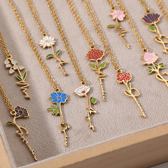 Collares con colgante de flor de nacimiento de acero inoxidable esmaltado para mujer, dorado