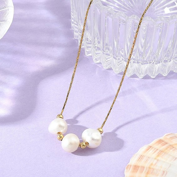 Natural Pearl Two Sides Polished Beaded Pendant 304 Stainless Steel Boston Link Chain Necklaces for Women, Floral White