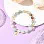 8MM Round Natural Blue Calcite and Potato Natural Pearl Beaded Stretch Bracelets, 304 Stainless Steel Oval Blank Tage Charm Bracelets