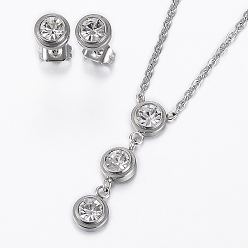 304 Stainless Steel Jewelry Sets, Stud Earrings and Pendant Necklaces, with Rhinestone, Flat Round