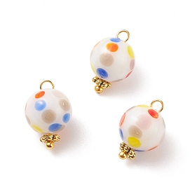 Handmade Lampwork Pendants, with Golden Plated Brass Loops, Round with Polka Dot Pattern
