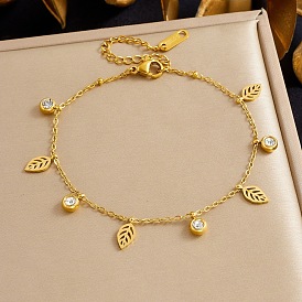 304 Браслеты из нержавеющей стали с подвесками из страз, браслеты-цепочки для женщин, лист и плоский круглый