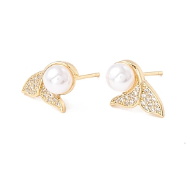 Clear Cubic Zirconia Fishtail Stud Earrings with Acrylic Pearl, Brass Jewelry for Women, Lead Free & Cadmium Free