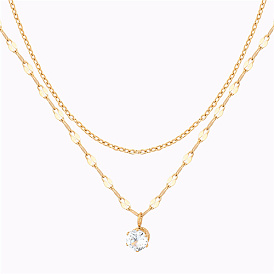 Stainless Steel Double Layer Necklace, with Cubic Zirconia Charms